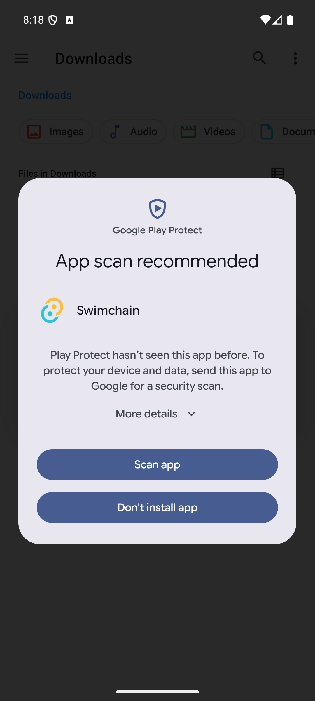 Google Play Protect 'App scan recommended' dialog shown when installing a sideloaded app
