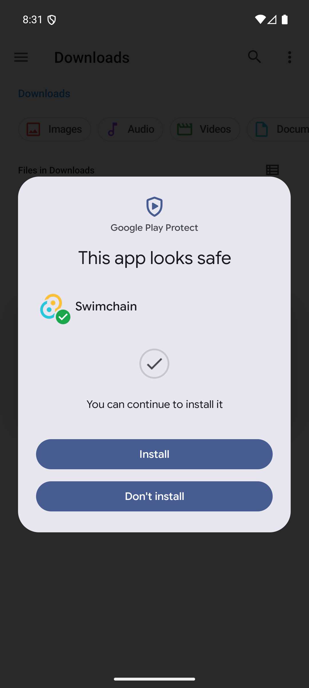 Google Play Protect result: 'This app looks safe', with an Install button